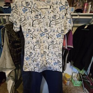 Owl Print Scrub Top and Navy Pants Set